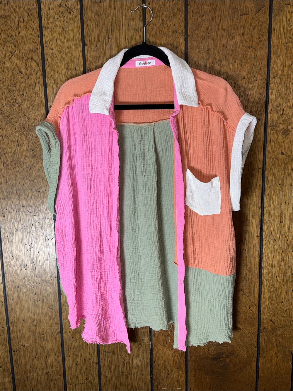 Colorblock Lightweight Button-Front Top in Pink, Peach & Sage by GeeGee